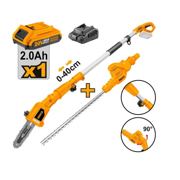 Ingco Lithium-Ion Cordless Pole Saw with Pole Hedge Trimmer with 20V 2.0Ah Battery & Charger – CPTS201681