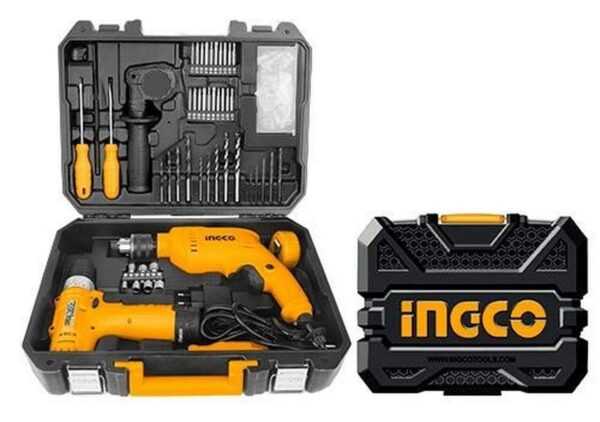 Ingco 108 Pieces Tools Set with 680W Hammer Impact Drill & 12V Li-ion Cordless Drill – HKTHP11081